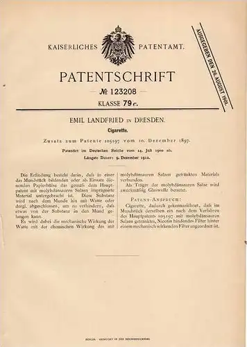 Original Patentschrift - E. Landfrieden in Dresden , 1900 , Cigarette , Zigarette !!!