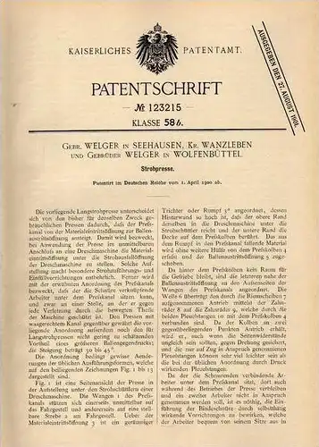 Original Patentschrift - Gebr. Welger in Seehausen , Kr. Wanzleben und Wolfenbüttel , 1900 , Strohpresse , Stroh !!!
