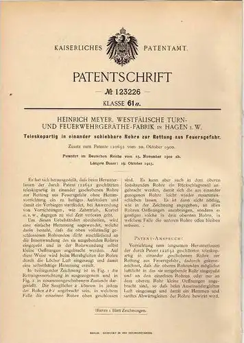 Original Patentschrift - Westfäl. Turn- und Feuergeräthe-Fabrik in Hagen i.W., 1900 , Feuerwehr !!!