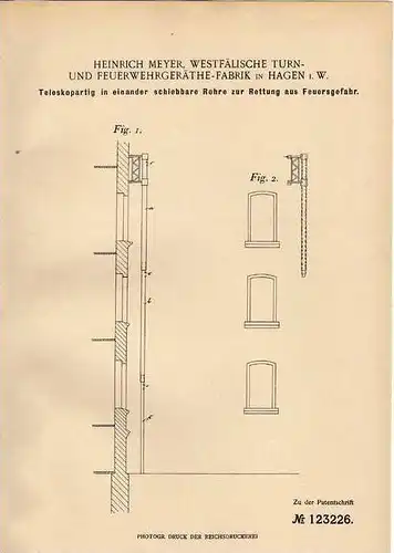 Original Patentschrift - Westfäl. Turn- und Feuergeräthe-Fabrik in Hagen i.W., 1900 , Feuerwehr !!!