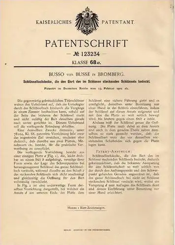 Original Patentschrift - B. von Busse in Bromberg , 1901 , Schlüssellochdecke , Schloss , Schlüsseldienst !!!