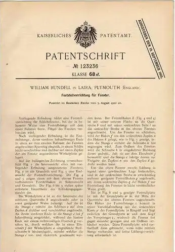 Original Patentschrift - W. Rundell in Laira , Plymouth , 1900 , Feststeller für Fenster !!!