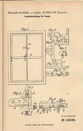 Original Patentschrift - W. Rundell in Laira , Plymouth , 1900 , Feststeller für Fenster !!!