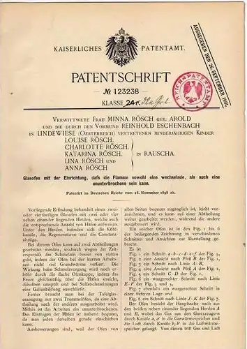 Original Patentschrift - R. Eschenbach in Lindewiese und Rauscha , 1898 , Glasofen , Glasmanufaktur , Glas !!!