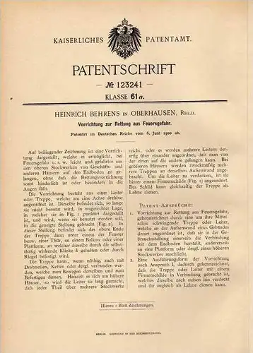 Original Patentschrift - H. Behrens in Oberhausen , Rhld., 1900 , Rettungseinrichtung für Gebäude , Feuer , Feuerwehr !!