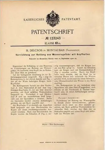 Original Patentschrift - M. Delcros in Montauban , 1900 , Rettungsweste , Schwimmweste , Rettung aus Wasser !!!