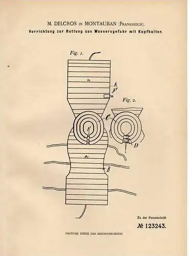 Original Patentschrift - M. Delcros in Montauban , 1900 , Rettungsweste , Schwimmweste , Rettung aus Wasser !!!