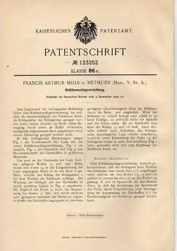 Original Patentschrift - F. Mills in Methuen , 1900 , Schützenschlag - Apparat !!!
