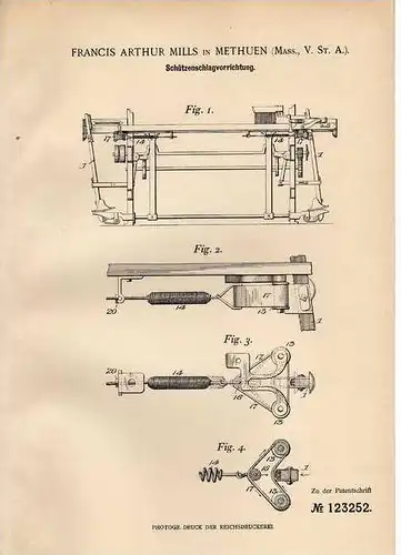 Original Patentschrift - F. Mills in Methuen , 1900 , Schützenschlag - Apparat !!!