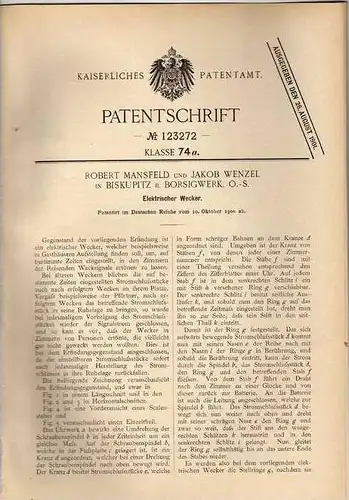 Original Patentschrift - R. Mansfeld in Biskupitz b. Borsigwerk , 1900 , Elektrischer Wecker !!!