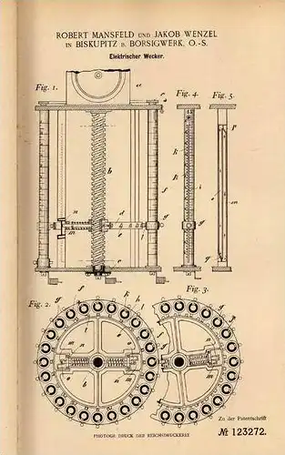 Original Patentschrift - R. Mansfeld in Biskupitz b. Borsigwerk , 1900 , Elektrischer Wecker !!!