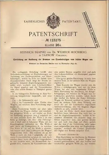Original Patentschrift - H. Skapski in Tarnow , 1899 , Bremsen für Eisenbahn , Lokomotive !!!