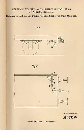 Original Patentschrift - H. Skapski in Tarnow , 1899 , Bremsen für Eisenbahn , Lokomotive !!!