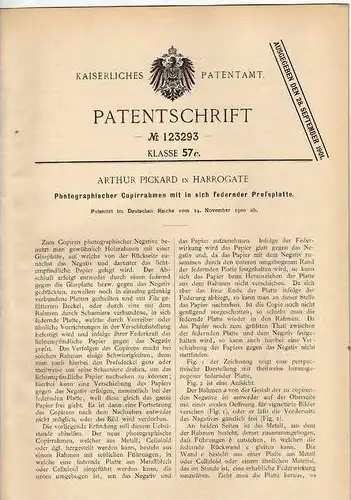 Original Patentschrift - A. Pickard in Harrogate , 1900 , photographischer Copierrahmen , Photographie !!!