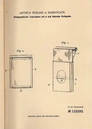 Original Patentschrift - A. Pickard in Harrogate , 1900 , photographischer Copierrahmen , Photographie !!!