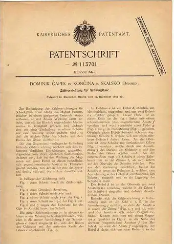 Original Patentschrift - D. Capek in Koncina b. Skalsko , 1899 , Zählapparat für Gläser , Restaurant , Kneipe !!!