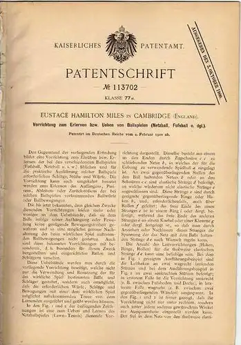 Original Patentschrift - E. Miles in Cambridge , 1900 , Lernapparat für Fussball , Netzball , Ballspiel !!!