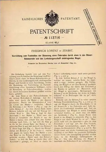 Original Patentschrift - F. Lorenz in Zerbst , 1899 , Steuerung für Fahrrad !!!