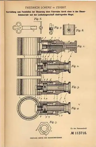 Original Patentschrift - F. Lorenz in Zerbst , 1899 , Steuerung für Fahrrad !!!