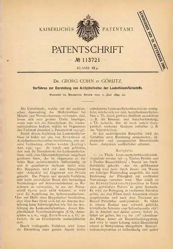 Original Patentschrift - Dr. G. Cohn in Görlitz , 1899 , Darstellung von Farbstoffen , Cheimie !!!