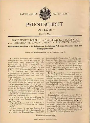 Original Patentschrift - E. Eckart in Neu Seidnitz b. Blasewitz , 1899 , Druckminderer für Gas oder Luft , Bierausschank