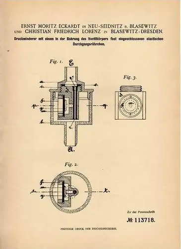 Original Patentschrift - E. Eckart in Neu Seidnitz b. Blasewitz , 1899 , Druckminderer für Gas oder Luft , Bierausschank