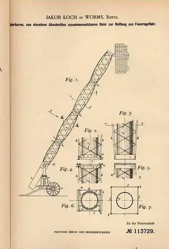 Original Patentschrift - J. Koch in Worms a. Rhein , 1899 , Feuerwehr , Feuerleiter , Rettungsleiter , Feuer !!!