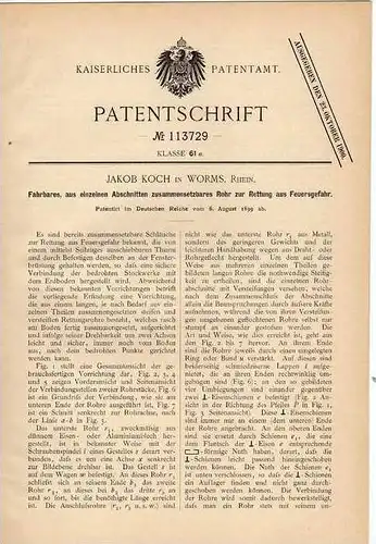 Original Patentschrift - J. Koch in Worms a. Rhein , 1899 , Feuerwehr , Feuerleiter , Rettungsleiter , Feuer !!!