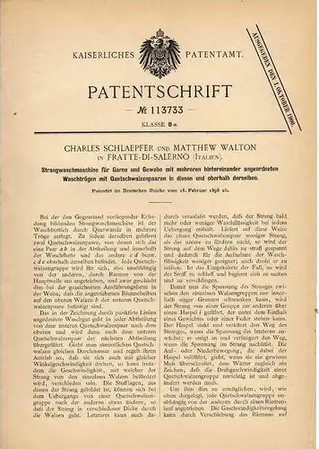Original Patentschrift - M. Walton in Fratte di Salerno , 1898 , Waschmaschine für Garn und Gewebe !!!