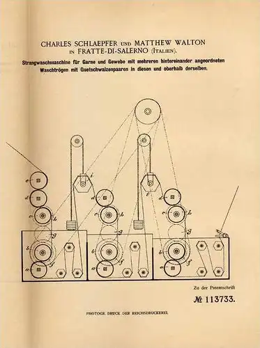 Original Patentschrift - M. Walton in Fratte di Salerno , 1898 , Waschmaschine für Garn und Gewebe !!!