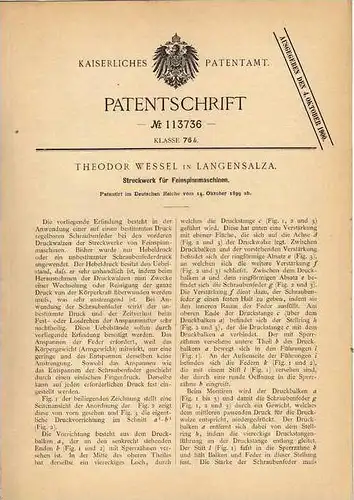 Original Patentschrift - T. Wessel in Langensalza , 1899 , Streckwerk für Spinnmaschine , Spinnerei , Weberei !!!