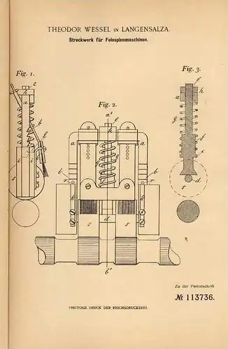 Original Patentschrift - T. Wessel in Langensalza , 1899 , Streckwerk für Spinnmaschine , Spinnerei , Weberei !!!