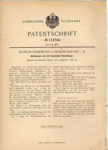 Original Patentschrift - W. Pinkemeyer in Recklinghausen i.W. ,1898, Mörteldecke mit Einlagen , Statik , Maurer , Bau !