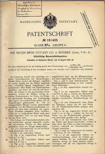 Original Patentschrift - Schleifmaschine für Messer , 1905 , The Miller Cutlery Co. in Meriden , USA  !!!