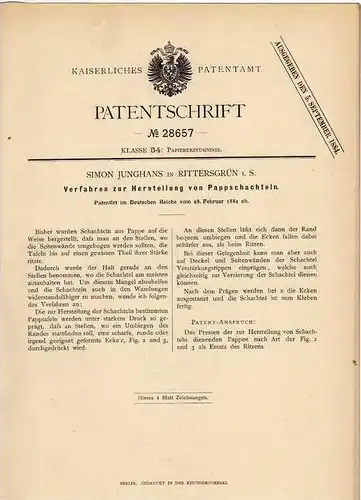 Original Patentschrift - S. Junghans in Rittersgrün i.S., 1884 , Herstellung von Pappschachteln , Schachtel !!!