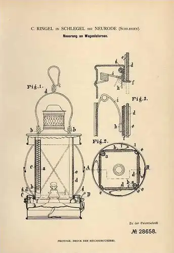 Original Patentschrift - C. Ringel in Schlegel bei Neurode , 1884 , Wagenlaterne , Lampe für Automobile !!!