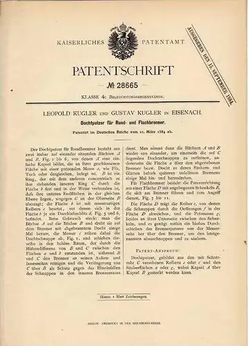 Original Patentschrift - L. Kugler in Eisenach , 1884 , Dochtputzer für Lampen , Docht !!!