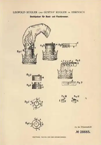 Original Patentschrift - L. Kugler in Eisenach , 1884 , Dochtputzer für Lampen , Docht !!!