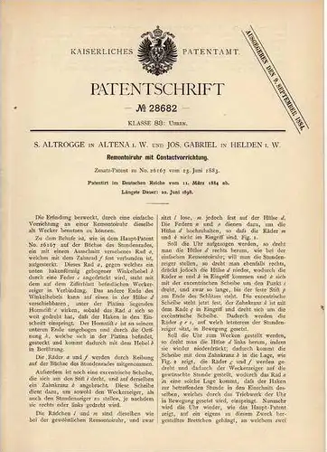 Original Patentschrift - J. Gabriel in Helden i.W. und Altena i.W., 1884 , Remontoiruhr , Taschenuhr , Uhr !!!