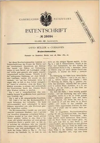 Original Patentschrift - O. Müller in Cuxhaven , 1884 , Bruchrechenmaschine , Rechner , Mathematik !!!