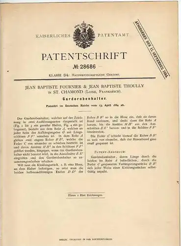 Original Patentschrift - J. Fournier in St. Chamond , 1884 , Halter für Garderobe , Kleiderbügel , Bügel !!!
