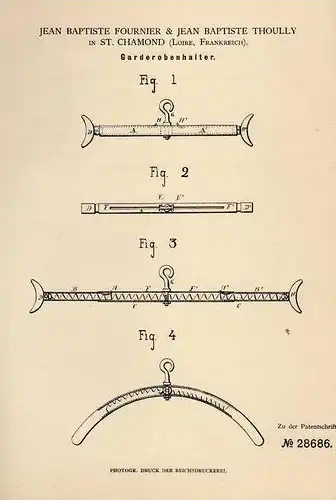 Original Patentschrift - J. Fournier in St. Chamond , 1884 , Halter für Garderobe , Kleiderbügel , Bügel !!!