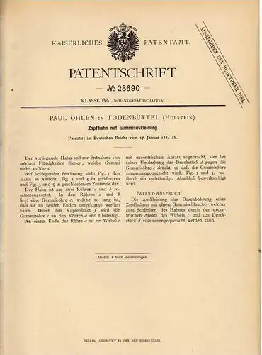 Original Patentschrift - P. Ohlen in Todenbüttel i. Holstein , 1884 , Zapfhahn , Zapfanlage !!!