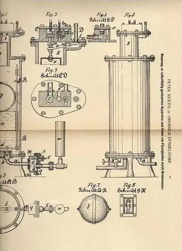 Original Patentschrift - P. Kurth in Oberbilk - Düsseldorf , 1884 , Apparat zum Heben von Flüssigkeiten !!!