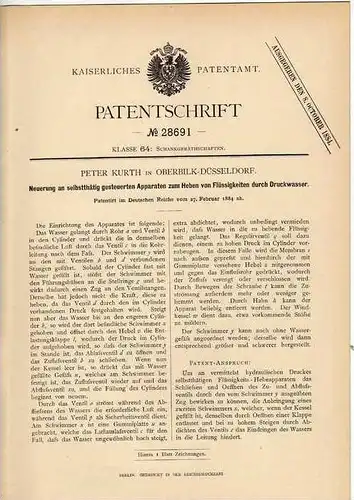 Original Patentschrift - P. Kurth in Oberbilk - Düsseldorf , 1884 , Apparat zum Heben von Flüssigkeiten !!!