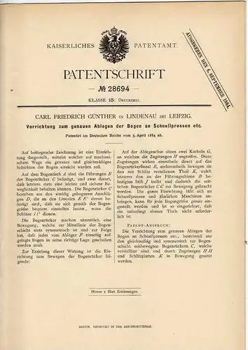 Original Patentschrift - C. Günther in Lindenau b. Leipzig , 1884 , Apparat für Schnellpressen , Presse !!!