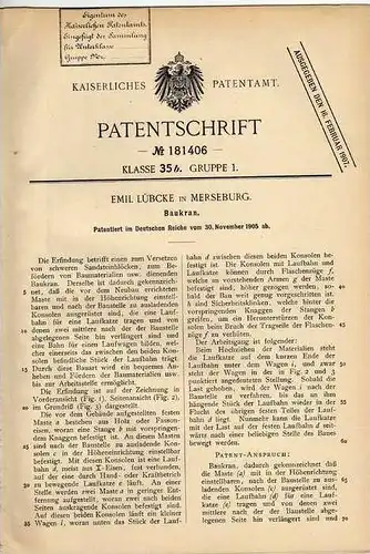 Original Patentschrift - E. Lübcke in Merseburg , 1905 , Baukran , Bau , Baustelle , Kran !!!