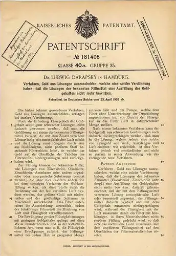 Original Patentschrift - Gewinnung von Gold , 1905 , Dr. L. Darapsky in Hamburg !!!