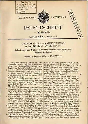 Original Patentschrift - C. Rodé in La Chaux de Fonds , 1906 , Meßinstrument für Achsen !!!