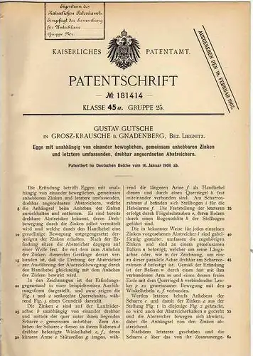 Original Patentschrift - G. Gutsche in Groß Krausche b. Gnadenberg , Bez. Liegnitz , 1906 , Egge für Landwirtschaft !!!